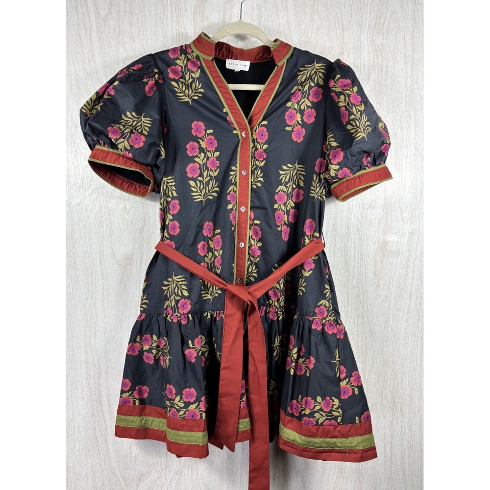 Entro Lara Floral Mini Dress L Black Puff Sleeve Belted Cottagecore Romantic - Picture 2 of 5